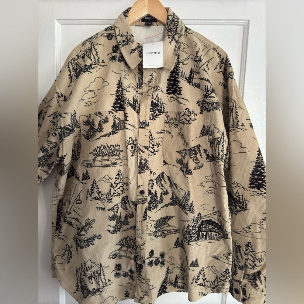 Never Warn Tan and black Forever 21 button up 
#PrintedCloth #Mountain #Woods